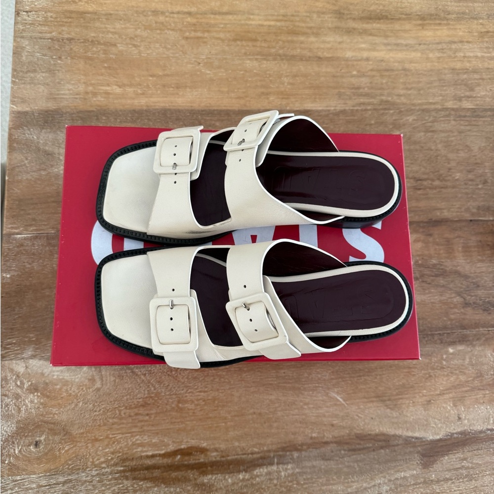 STAUD Cream Double-Buckle Sandals